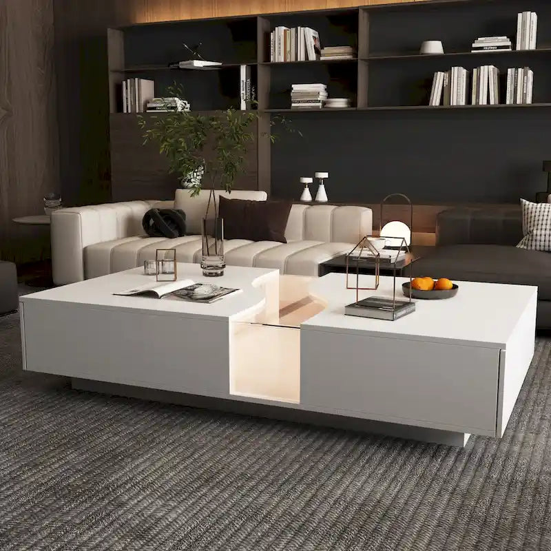 Table basse contemporaine blanche, chef-d’œuvre de rangement, bordure LED multicolore - 55.1W