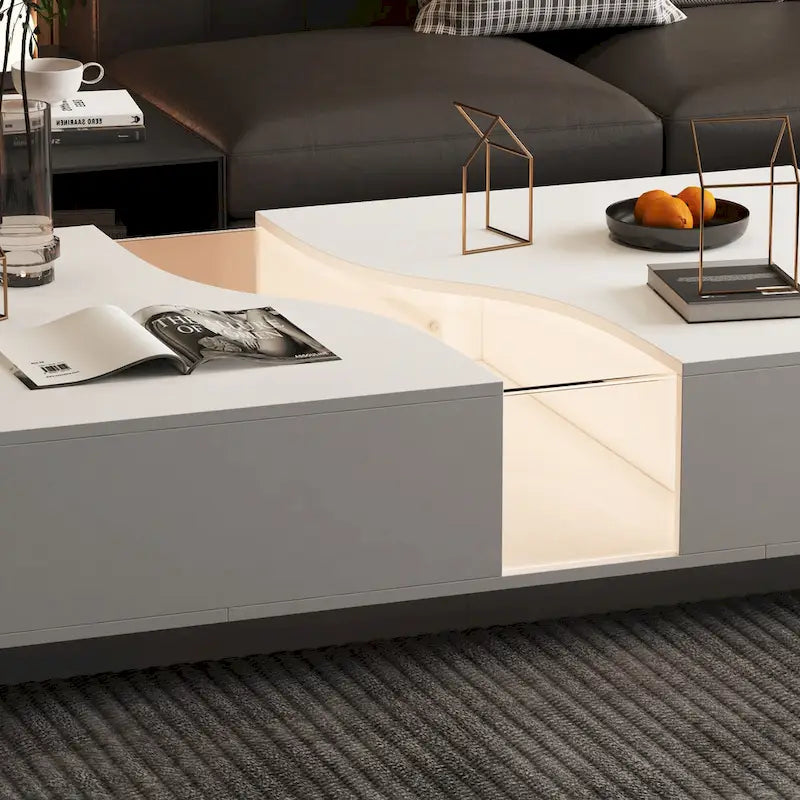 Table basse contemporaine blanche, chef-d’œuvre de rangement, bordure LED multicolore - 55.1W