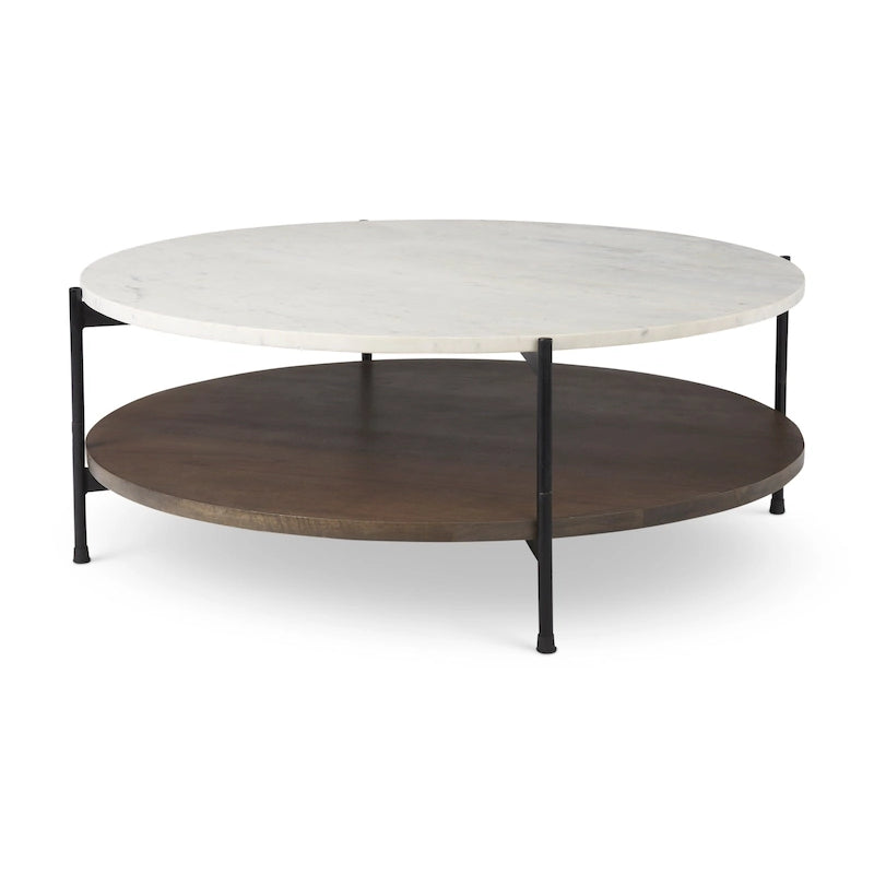 =Mesa de centro redonda de madera maciza con tablero de mármol blanco de dos niveles