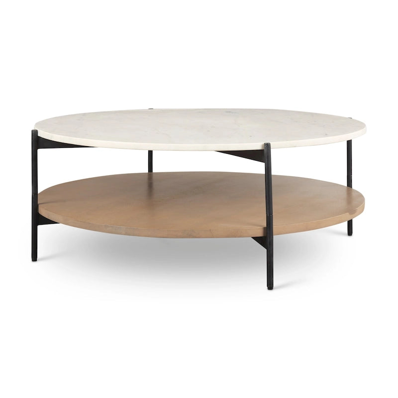 =Mesa de centro redonda de madera maciza con tablero de mármol blanco de dos niveles
