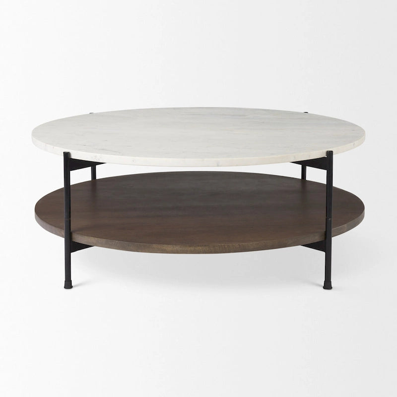 =Mesa de centro redonda de madera maciza con tablero de mármol blanco de dos niveles