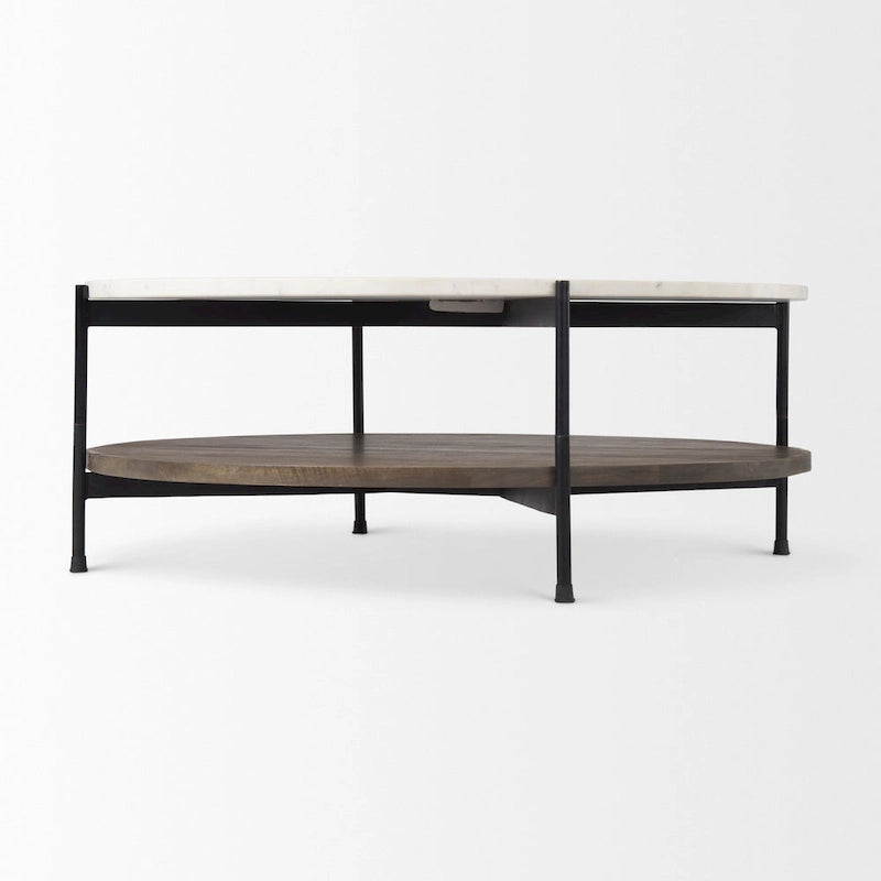 =Mesa de centro redonda de madera maciza con tablero de mármol blanco de dos niveles