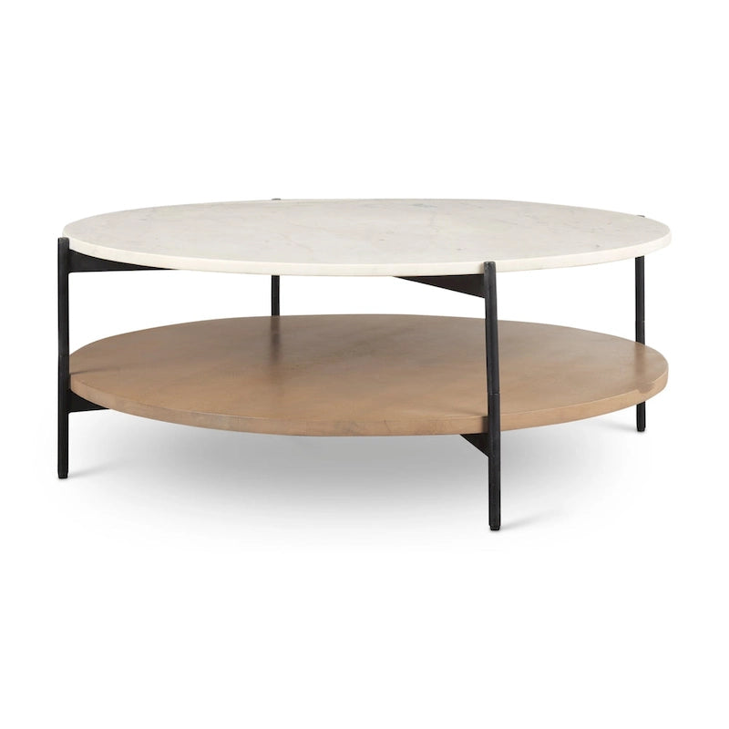 =Mesa de centro redonda de madera maciza con tablero de mármol blanco de dos niveles
