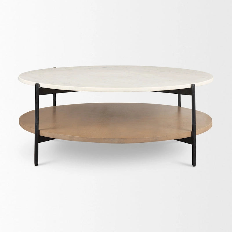 =Mesa de centro redonda de madera maciza con tablero de mármol blanco de dos niveles