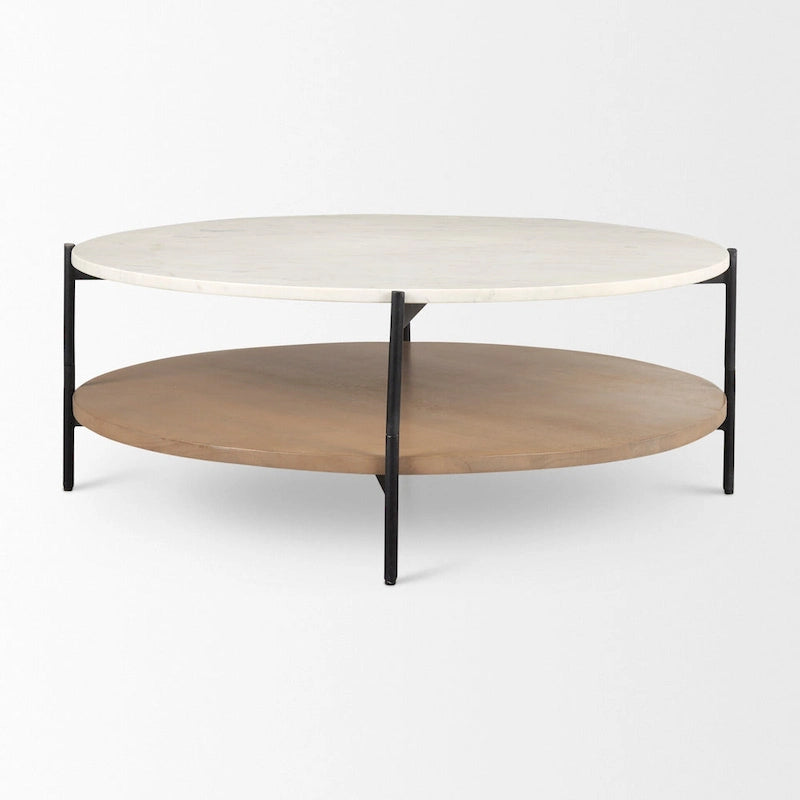 =Mesa de centro redonda de madera maciza con tablero de mármol blanco de dos niveles