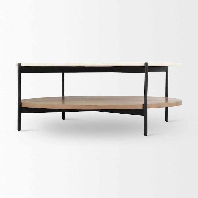 =Mesa de centro redonda de madera maciza con tablero de mármol blanco de dos niveles