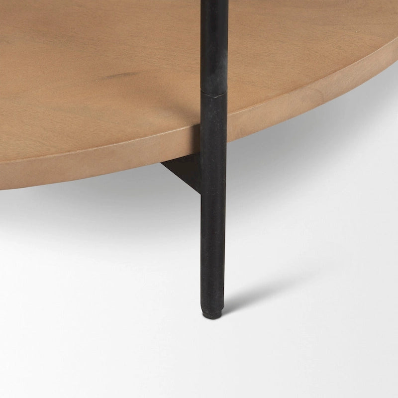 =Mesa de centro redonda de madera maciza con tablero de mármol blanco de dos niveles