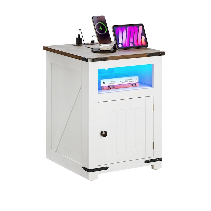 Table d’appoint de style champêtre avec station de recharge, table de canapé avec ports USB et rangement
