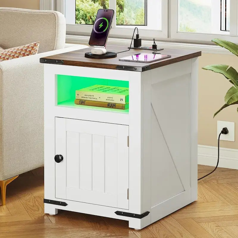 Moasis Farmhouse End Table with Charging Station, Sofa Side Side Table with USB and Storage