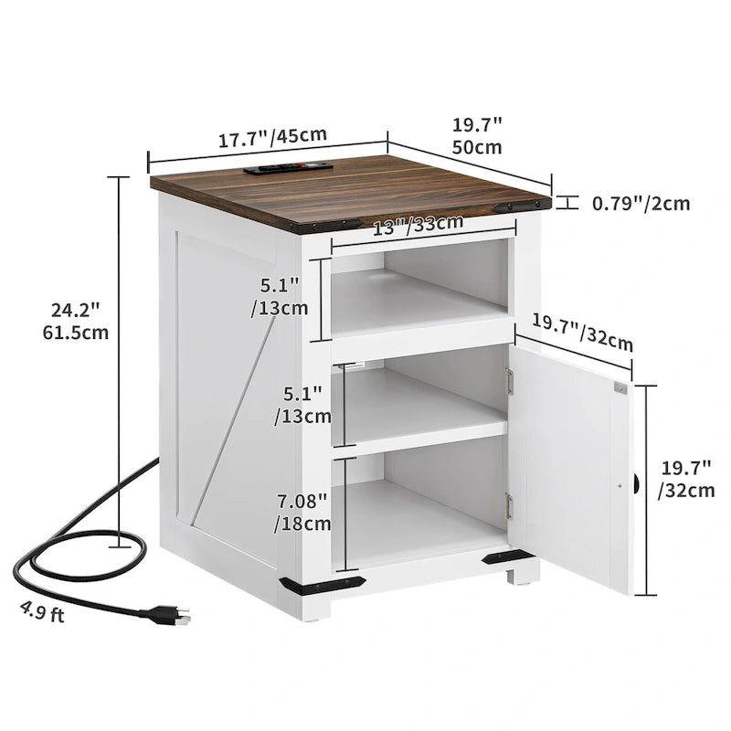 Mesa auxiliar estilo granja con estación de carga, mesa lateral para sofá con USB y almacenamiento