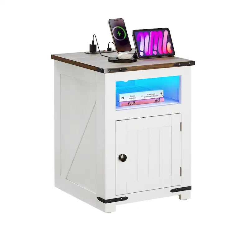 Table d’appoint de style champêtre avec station de recharge, table de canapé avec ports USB et rangement