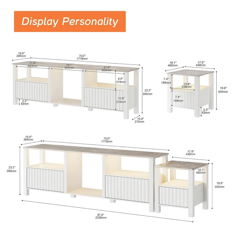 Meuble TV à DEL pour téléviseur de 75 pouces, console TV moderne avec armoire