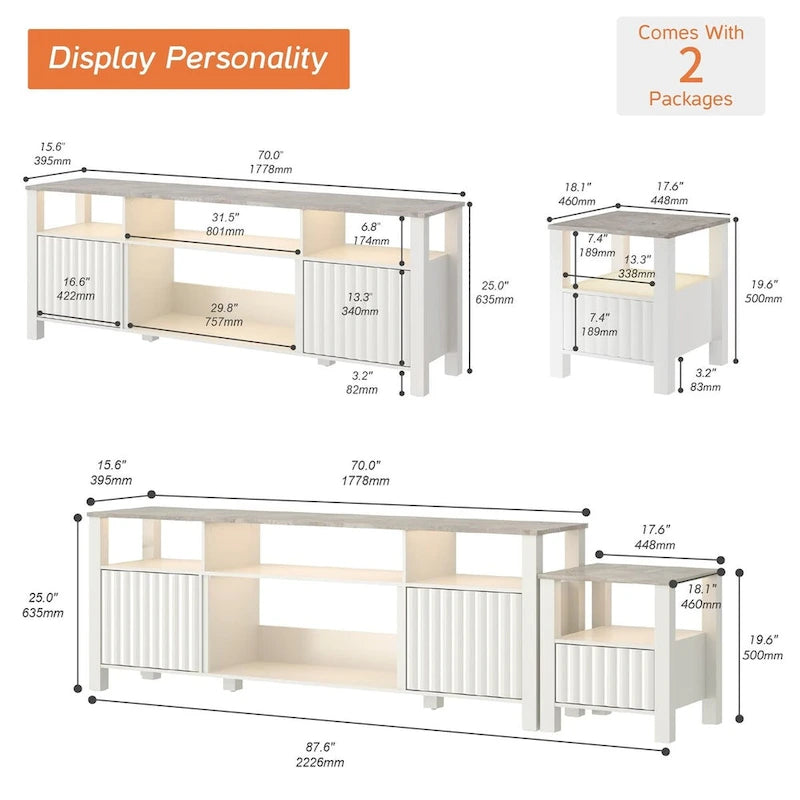 Meuble TV à DEL pour téléviseur de 75 pouces, console TV moderne avec armoire