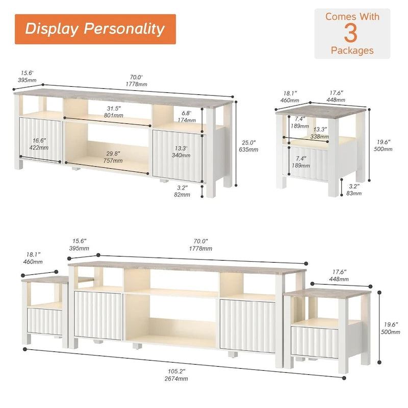 Meuble TV à DEL pour téléviseur de 75 pouces, console TV moderne avec armoire