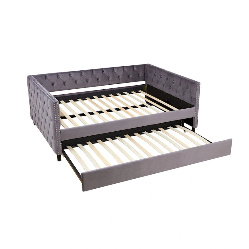 Lit de repos en velours grand format, canapé-lit rembourré avec roulettes, boutons et clous en cuivre