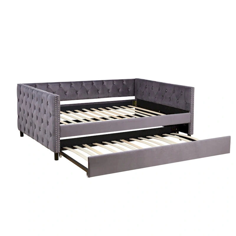 Lit de repos en velours grand format, canapé-lit rembourré avec roulettes, boutons et clous en cuivre