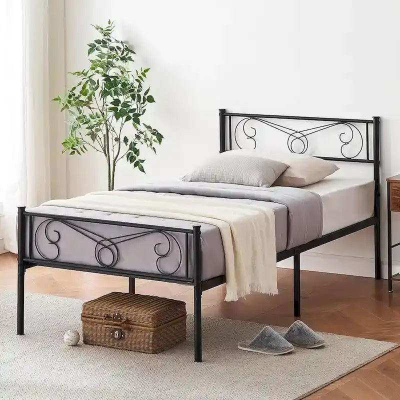 Cadre de lit avec rangement, tête et pied de lit à motif vintage, supporte jusqu’à 800 lb