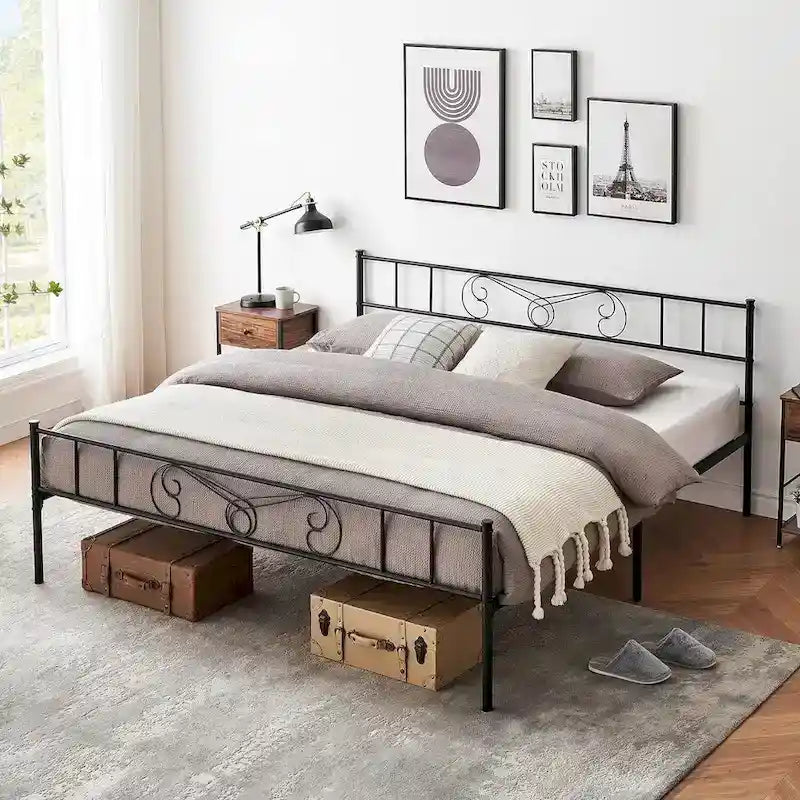 Cadre de lit avec rangement, tête et pied de lit à motif vintage, supporte jusqu’à 800 lb