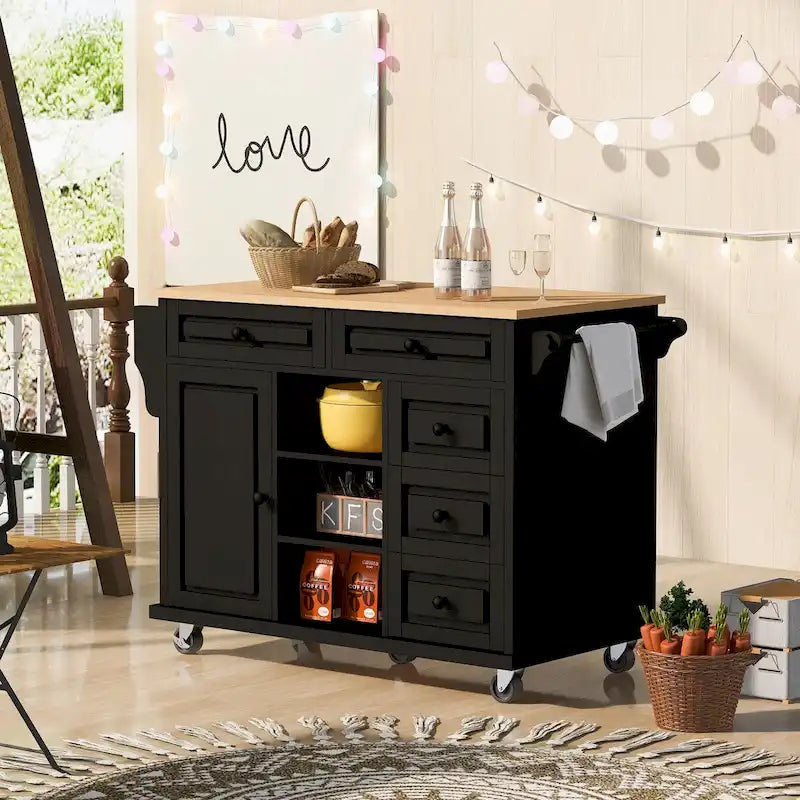 Küchenwagen mit Stauraum und 5 Schubladen, Gewürzregal, Handtuchhalter, rollbare mobile Kücheninsel mit Arbeitsplatte aus Gummibaumholz