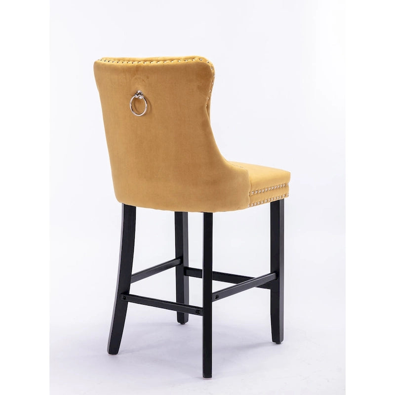 Tabourets de bar rembourrés en velours avec décoration capitonnée à boutons, pieds en bois, garniture de clous chromés, style décontracté