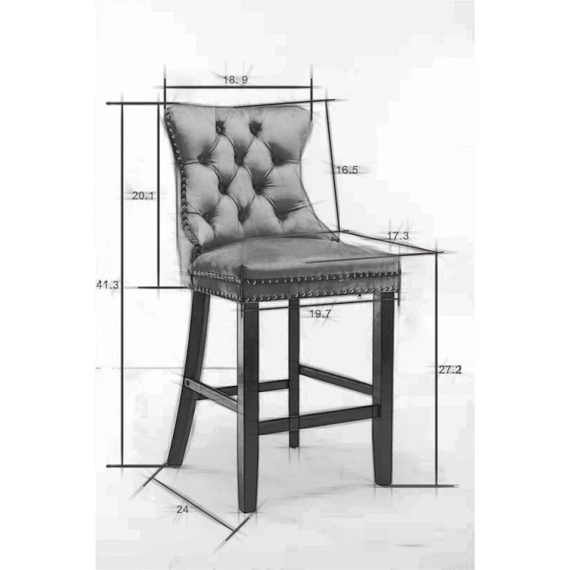 Tabourets de bar rembourrés en velours avec décoration capitonnée à boutons, pieds en bois, garniture de clous chromés, style décontracté