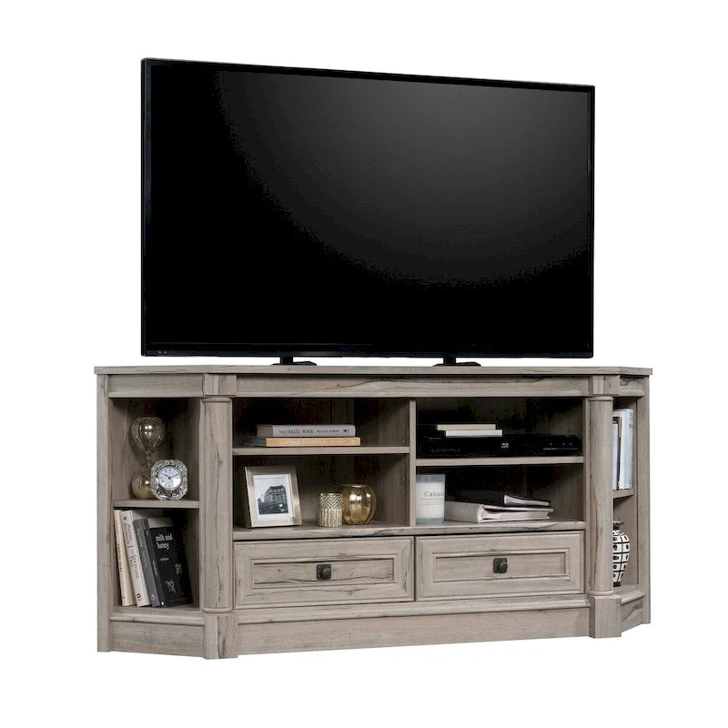 Meuble multimédia en bois de style champêtre, console TV avec tiroirs et rangement ouvert