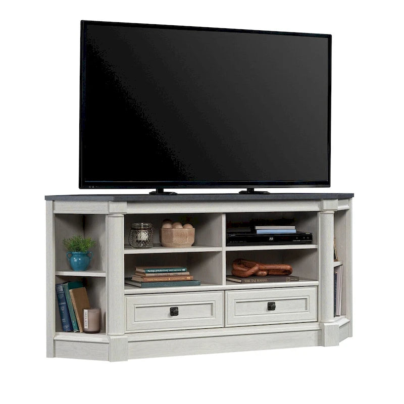 Meuble multimédia en bois de style champêtre, console TV avec tiroirs et rangement ouvert