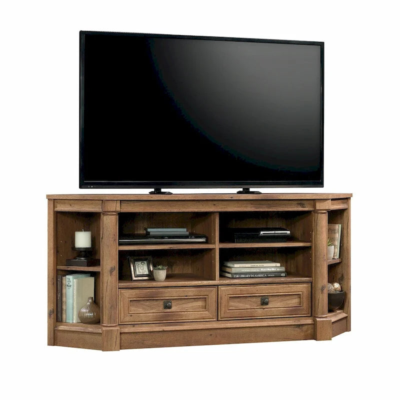 Meuble multimédia en bois de style champêtre, console TV avec tiroirs et rangement ouvert