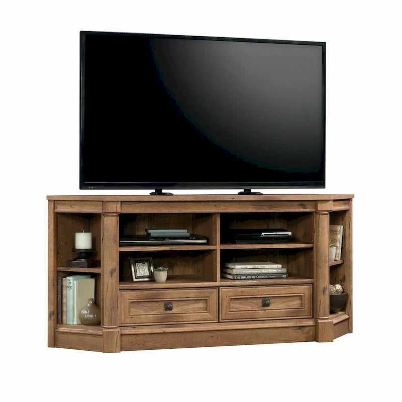 Meuble multimédia en bois de style champêtre, console TV avec tiroirs et rangement ouvert