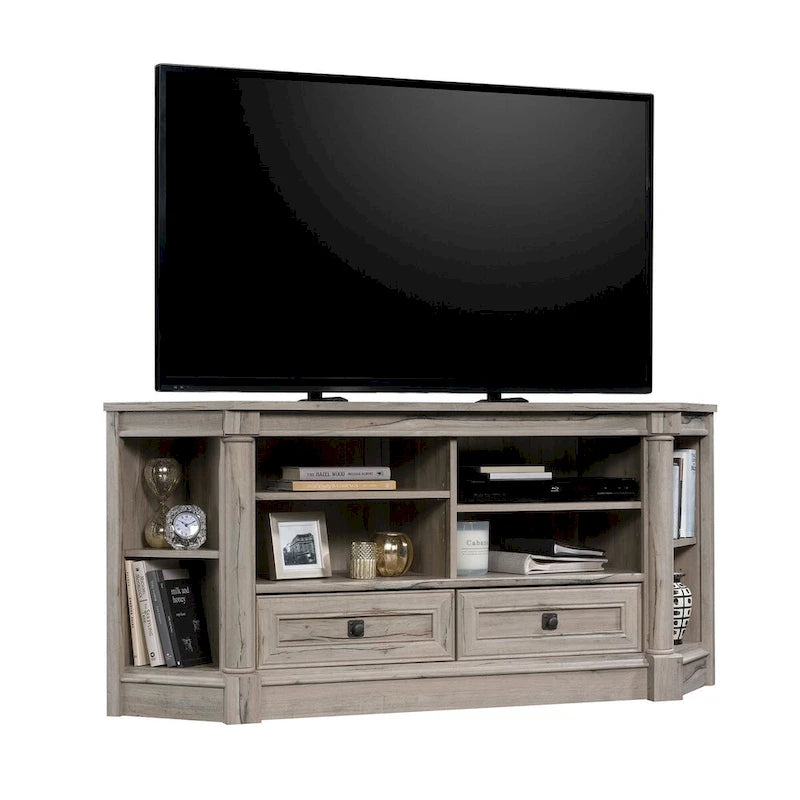 Meuble multimédia en bois de style champêtre, console TV avec tiroirs et rangement ouvert