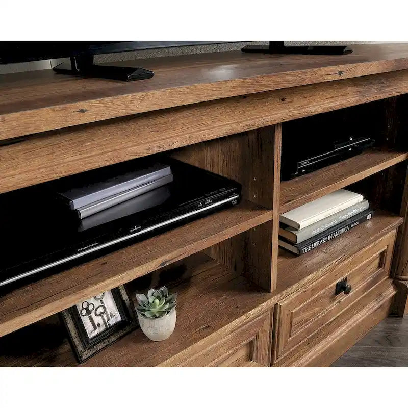 Gabinete de medios de madera estilo granja, consola de TV con cajones y almacenamiento abierto