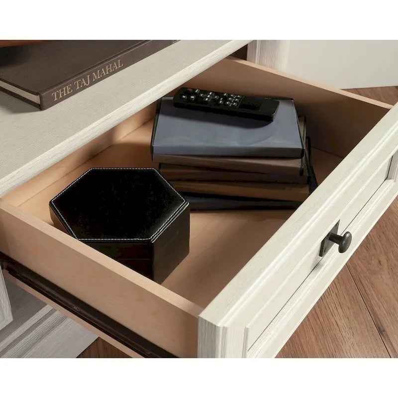 Gabinete de medios de madera estilo granja, consola de TV con cajones y almacenamiento abierto