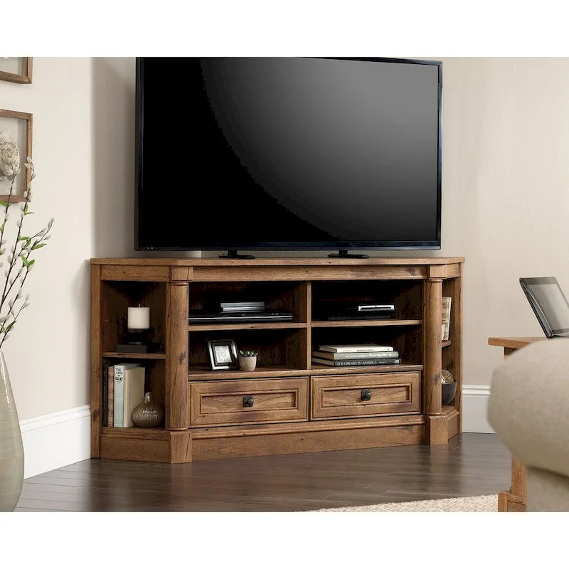 Gabinete de medios de madera estilo granja, consola de TV con cajones y almacenamiento abierto