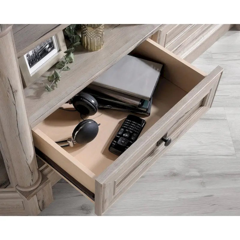 Gabinete de medios de madera estilo granja, consola de TV con cajones y almacenamiento abierto