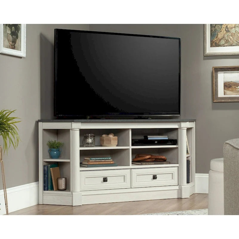 Gabinete de medios de madera estilo granja, consola de TV con cajones y almacenamiento abierto