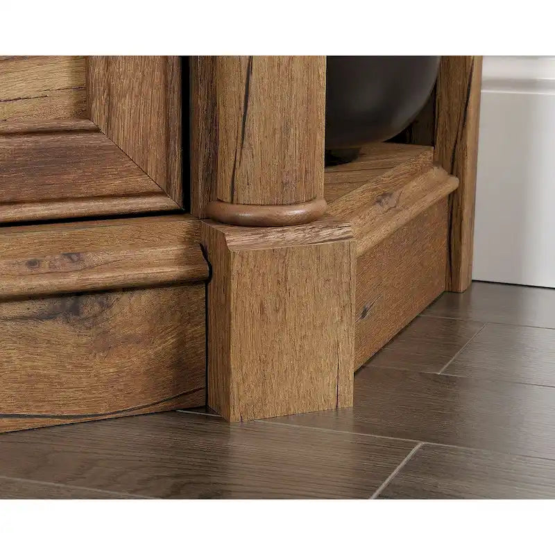 Gabinete de medios de madera estilo granja, consola de TV con cajones y almacenamiento abierto