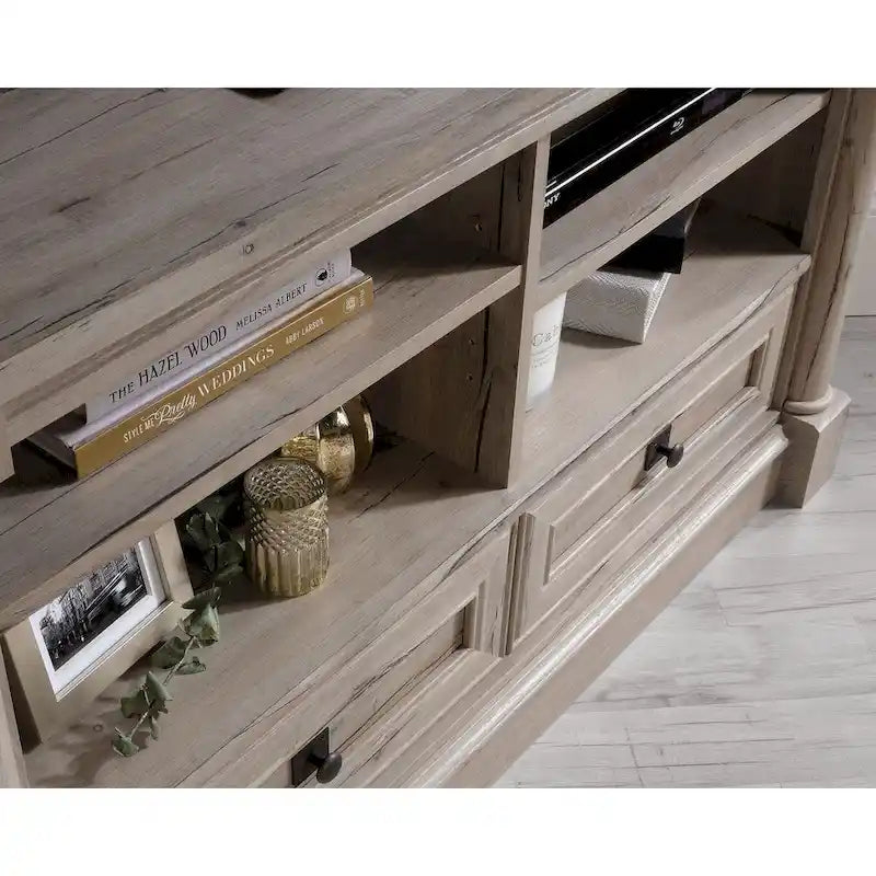 Gabinete de medios de madera estilo granja, consola de TV con cajones y almacenamiento abierto