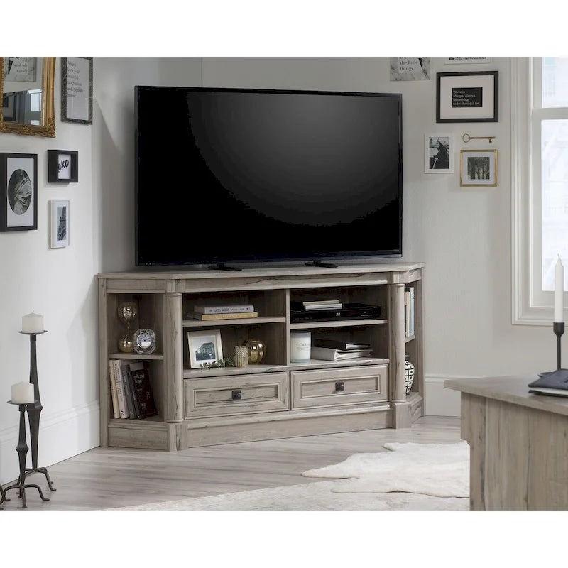 Meuble multimédia en bois de style champêtre, console TV avec tiroirs et rangement ouvert