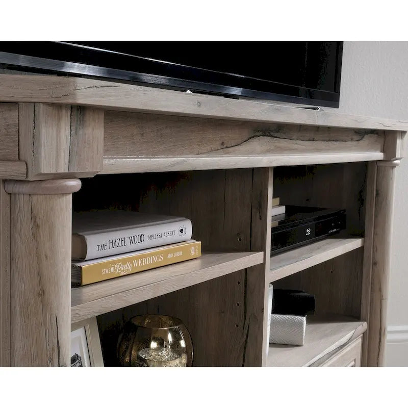 Gabinete de medios de madera estilo granja, consola de TV con cajones y almacenamiento abierto