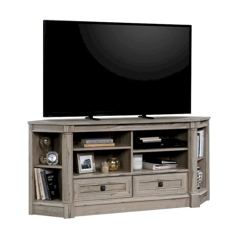 Gabinete de medios de madera estilo granja, consola de TV con cajones y almacenamiento abierto