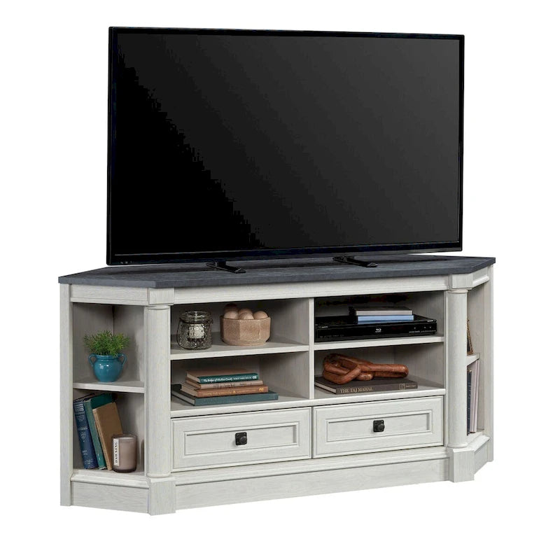 Gabinete de medios de madera estilo granja, consola de TV con cajones y almacenamiento abierto
