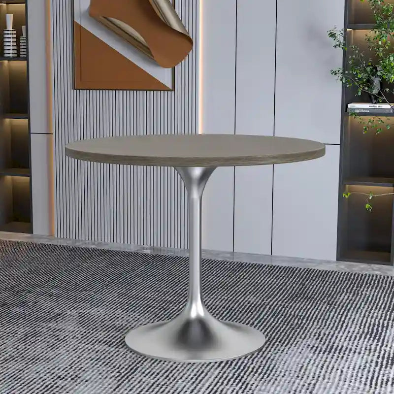 Runder Esstisch mit 36 Zoll Durchmesser, Tischplatte aus MDF-Holz und gebürstetem Chromgestell für Küche und Esszimmer