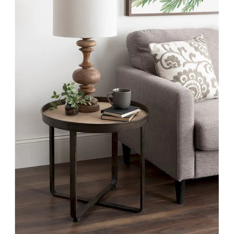 Table d’appoint industrielle ronde avec plateau en bois et base en X en métal