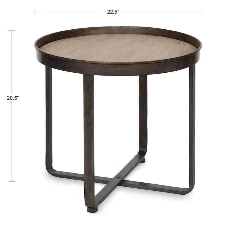 Table d’appoint industrielle ronde avec plateau en bois et base en X en métal