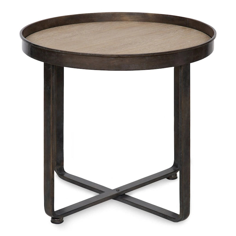 Table d’appoint industrielle ronde avec plateau en bois et base en X en métal