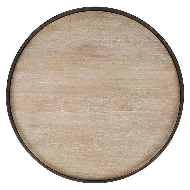 Table d’appoint industrielle ronde avec plateau en bois et base en X en métal