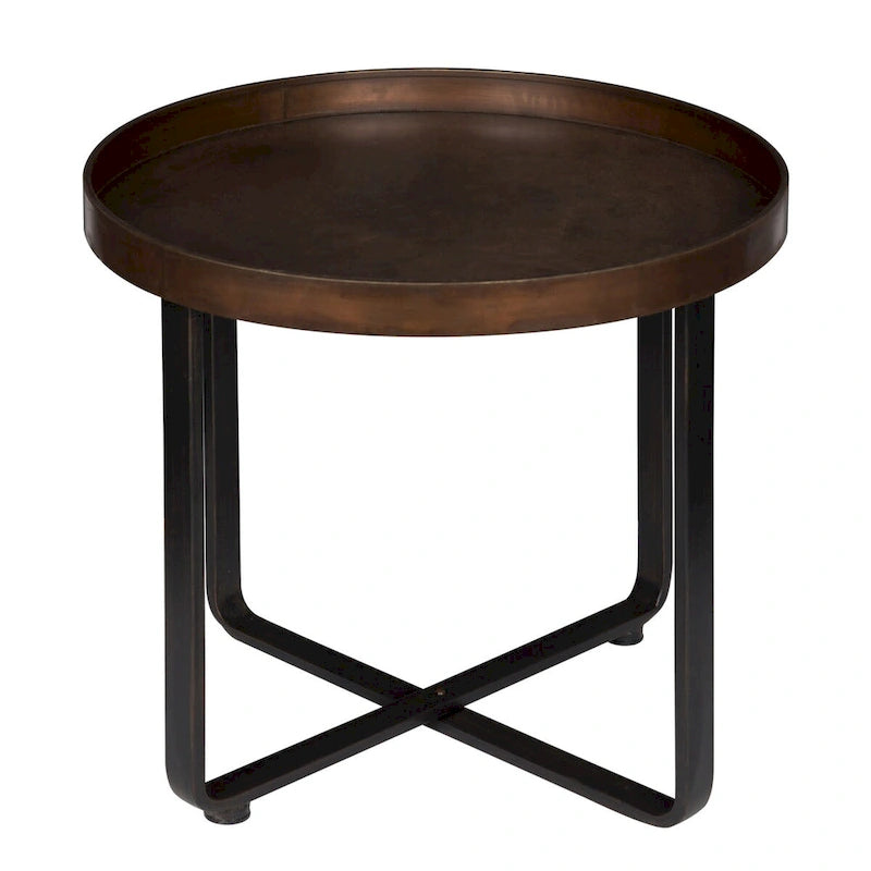 Table d’appoint industrielle ronde avec plateau en bois et base en X en métal