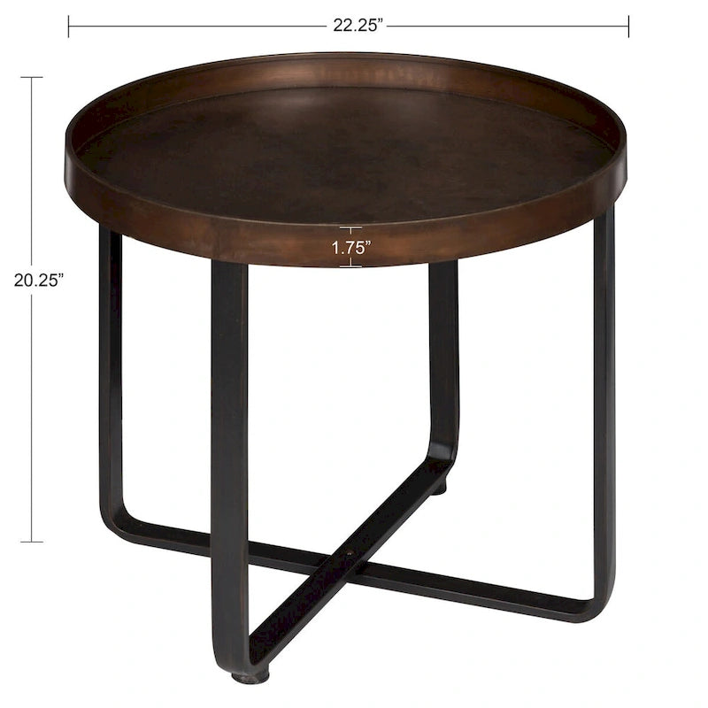 Table d’appoint industrielle ronde avec plateau en bois et base en X en métal