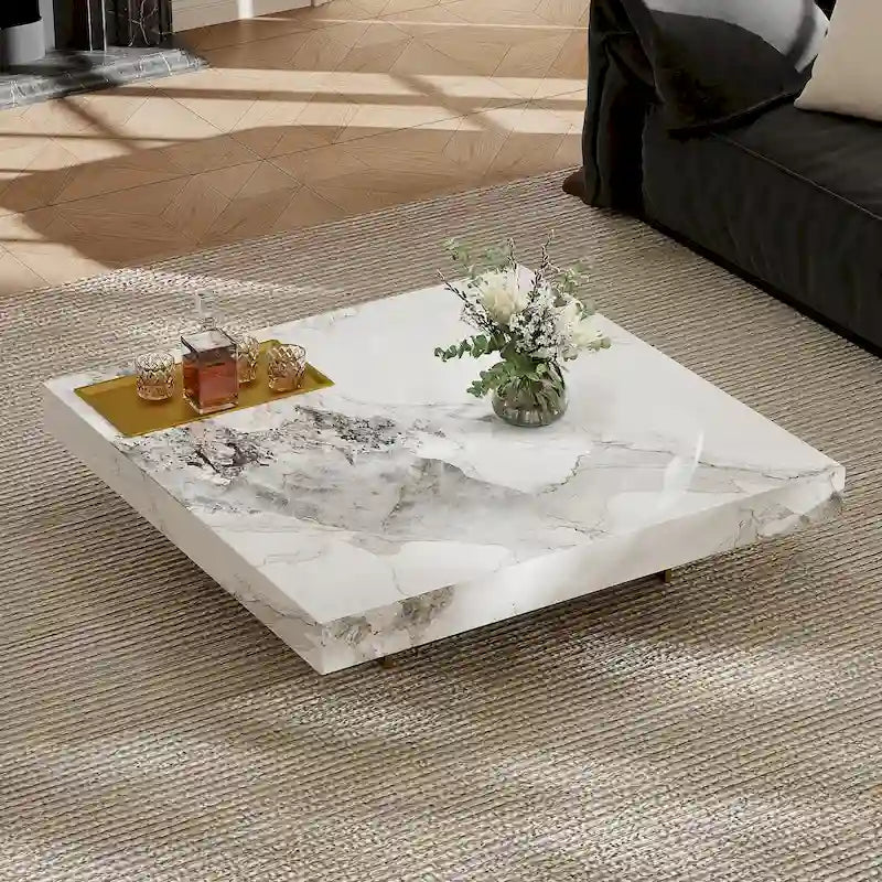 Table basse carrée moderne de 42 en faux marbre, plateau brillant en pierre frittée