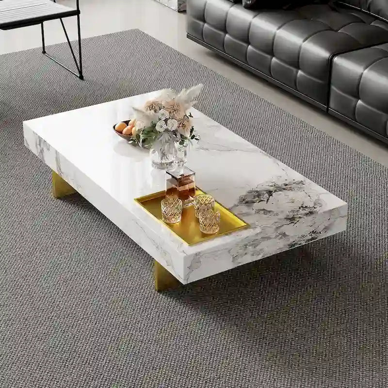 Mesa de centro cuadrada moderna de 42 con apariencia de mármol y tablero brillante de piedra sinterizada